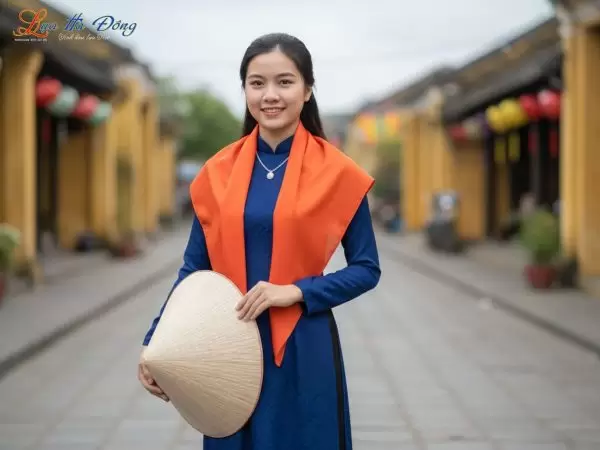 khăn vuông lụa tơ tằm thêu sen trơn màu cam
