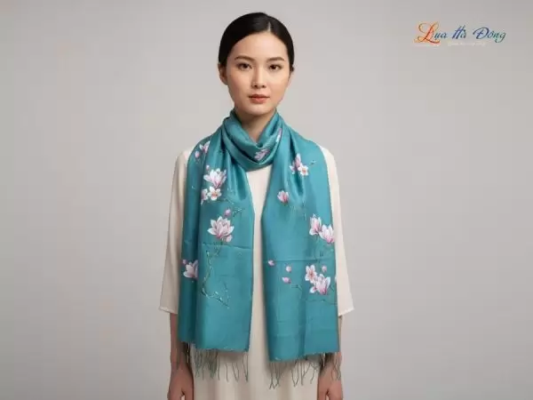 Khăn lụa tơ tằm 100% silk họa tiết hoa mộc lan vẽ tay