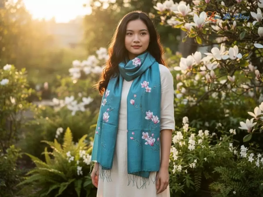 Khăn lụa tơ tằm 100% silk họa tiết hoa mộc lan vẽ tay