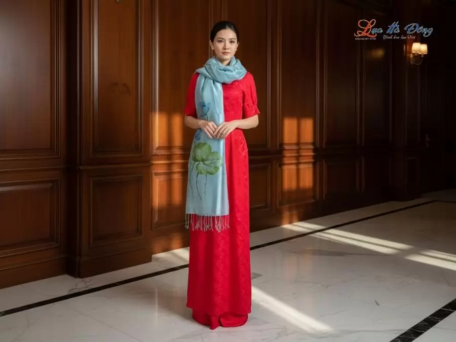 Khăn lụa tơ tằm 100% silk họa tiết hoa sen vẽ tay