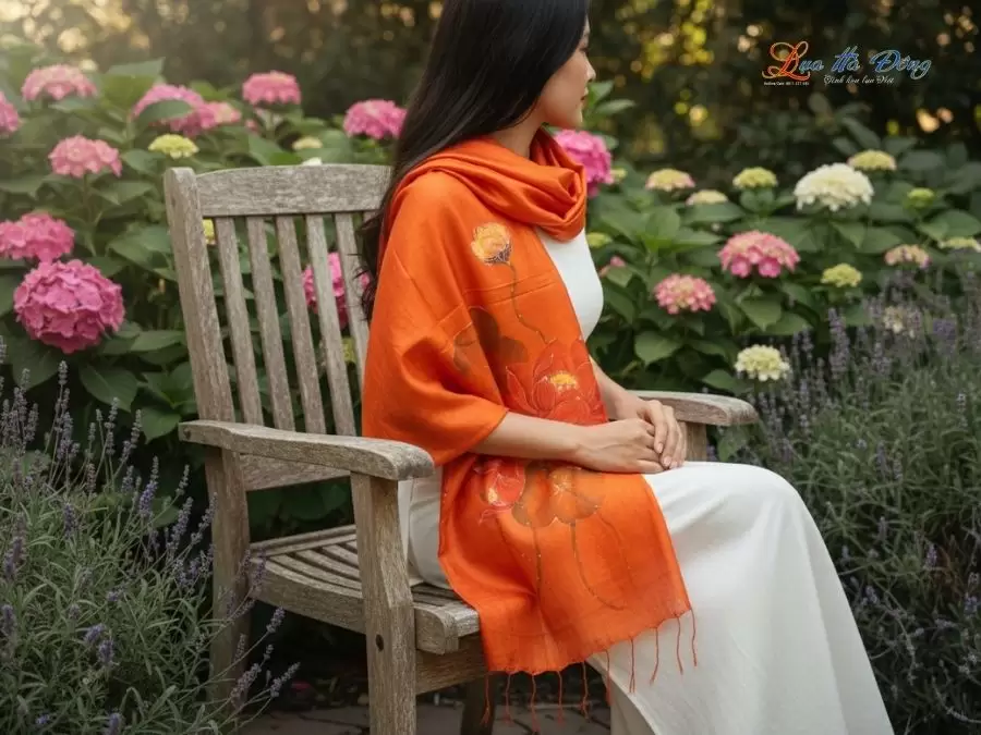 Khăn lụa tơ tằm 100% silk họa tiết hoa sen vẽ tay