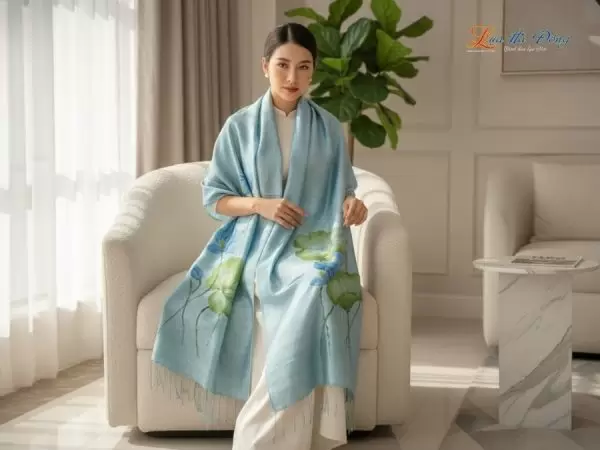 Khăn lụa tơ tằm 100% silk họa tiết hoa sen vẽ tay