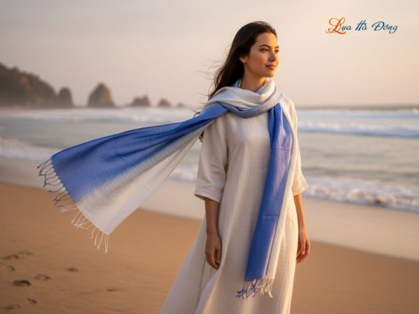 Khăn lụa tơ tằm loang màu xanh dương 100% silk