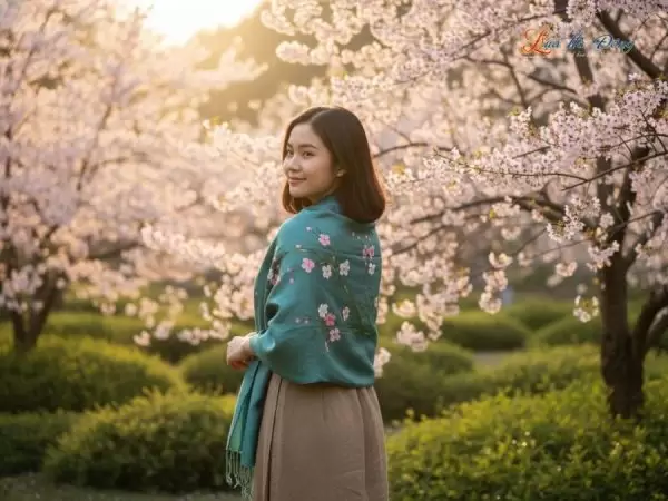 Khăn lụa tơ tằm 100% silk họa tiết hoa đào vẽ tay