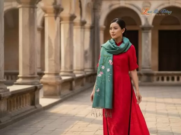 Khăn lụa tơ tằm 100% silk họa tiết hoa đào vẽ tay