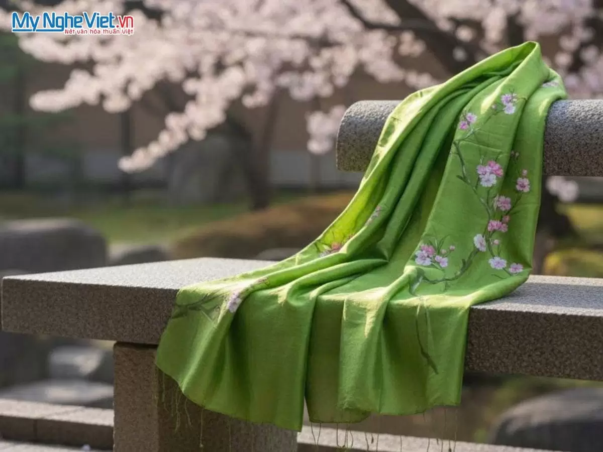 Khăn lụa tơ tằm vẽ tay hoa đào tua rua 100% silk