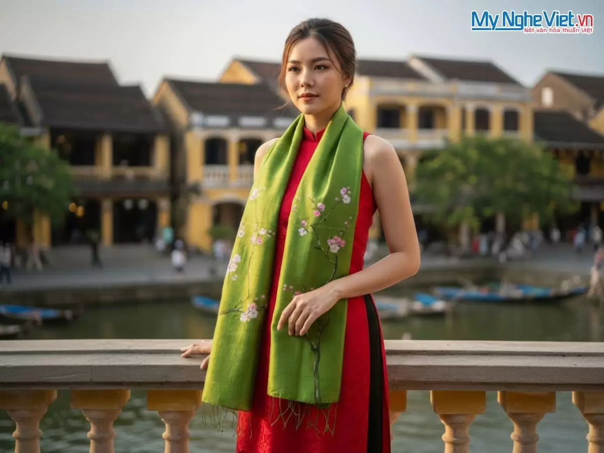 Khăn lụa tơ tằm vẽ tay hoa đào tua rua 100% silk