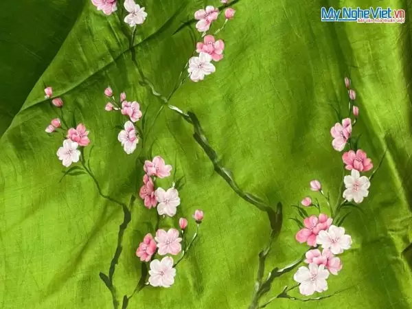 Khăn lụa tơ tằm vẽ tay hoa đào tua rua 100% silk