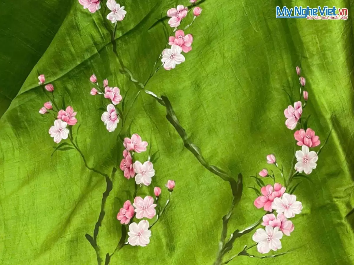 Khăn lụa tơ tằm vẽ tay hoa đào tua rua 100% silk