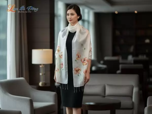 Khăn lụa tơ tằm vẽ tay hoa tua rua 100% silk