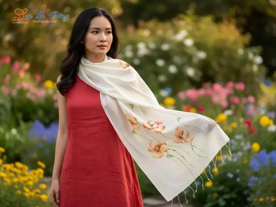 Khăn lụa tơ tằm vẽ tay hoa tua rua 100% silk