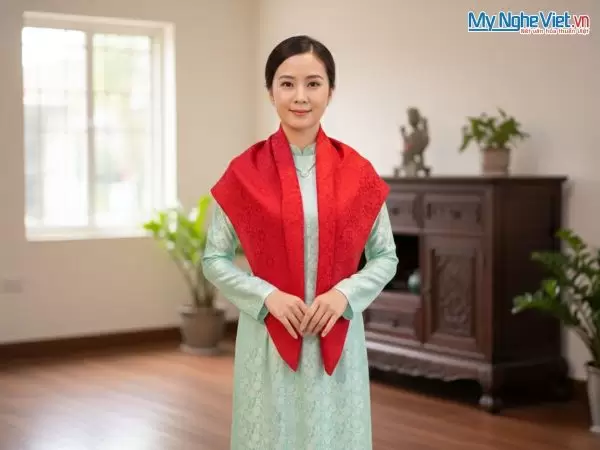 Khăn Lụa Thêu Sen Họa Tiết Hoa Cúc Màu Đỏ