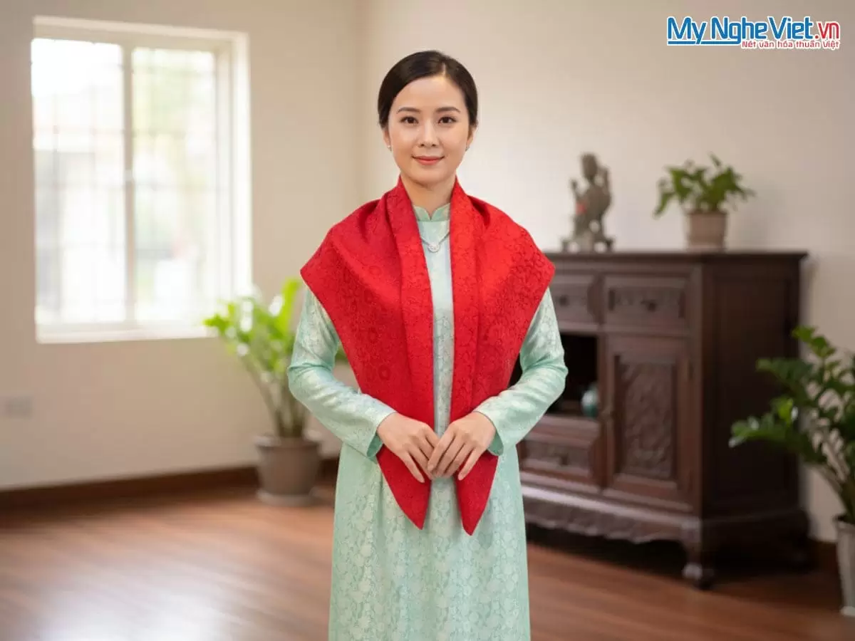 Khăn Lụa Thêu Sen Họa Tiết Hoa Cúc Màu Đỏ