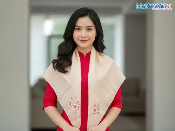 Khăn lụa vuông tơ tằm màu cam vẽ hoa