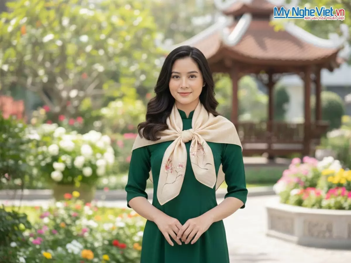 Khăn lụa vuông tơ tằm màu cam vẽ hoa