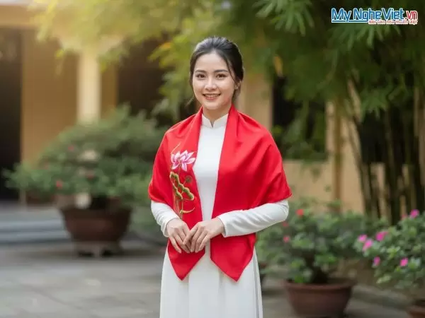 Khăn Lụa Vuông Tơ Tằm Thêu Sen Trơn Màu Đỏ