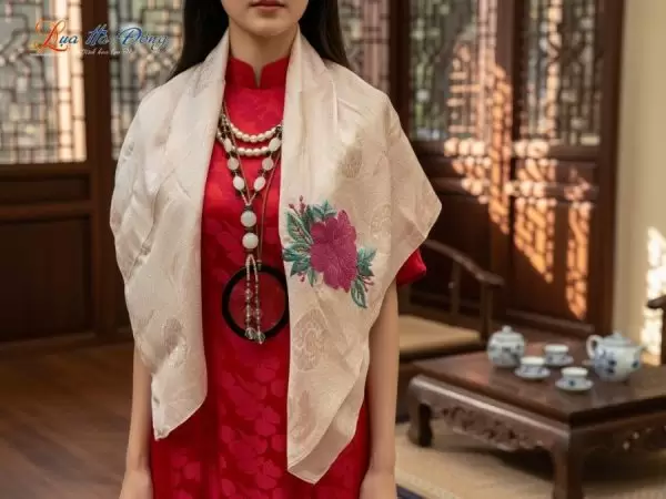 Khăn lụa thêu tay song thọ hồng phấn