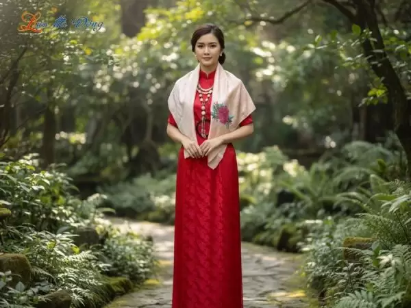 Khăn lụa thêu tay song thọ hồng phấn