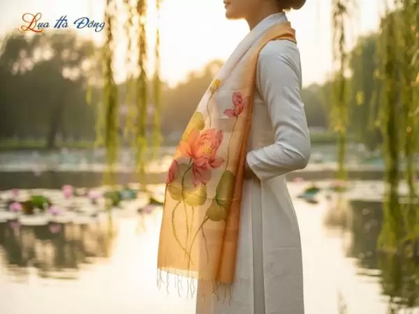 Khăn lụa tơ tằm vẽ tay hoa tua rua 100% silk