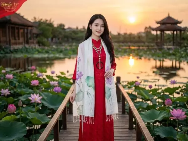 Khăn lụa tơ tằm vẽ tay hoa sen