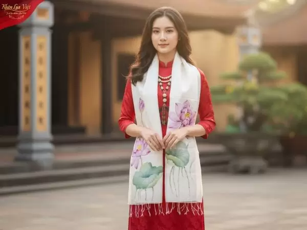 Khăn lụa tơ tằm vẽ tay hoa sen
