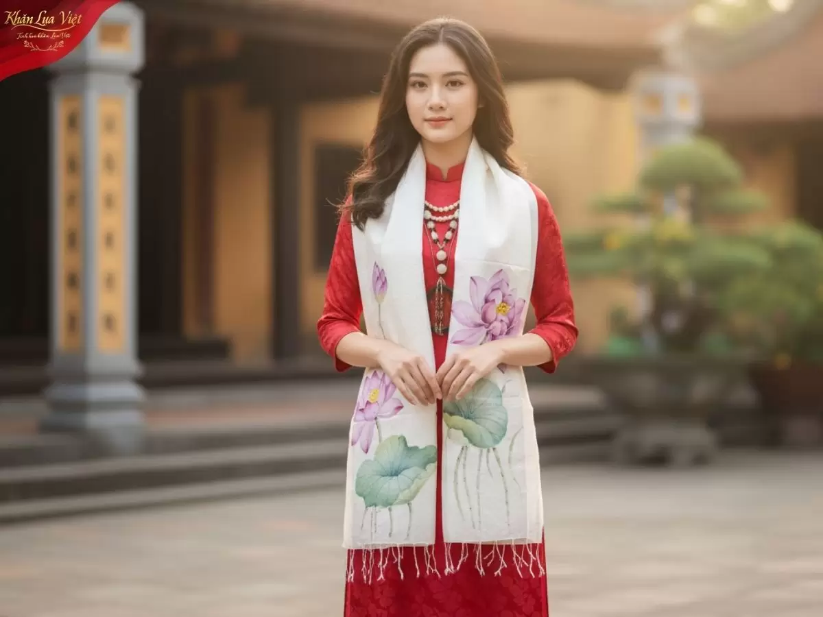 Khăn lụa tơ tằm vẽ tay hoa sen