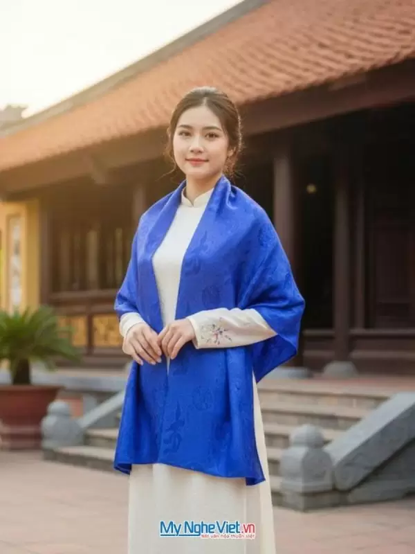 Khăn lụa tơ tằm họa tiết phượng thọ màu xanh dương 40x180cm MNV-LNL40180/6"
