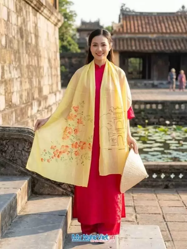 Khăn Lụa Tơ Tằm Vẽ Tay Chợ Bến Thành Màu Vàng 70x180cm MNV-PT70180/10.2