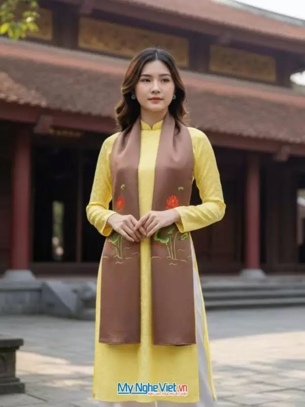 Khăn Lụa Tơ Tằm Trơn Thêu Sen Màu Nâu Cà Phê 45x180cm MNV-LNL45180/5
