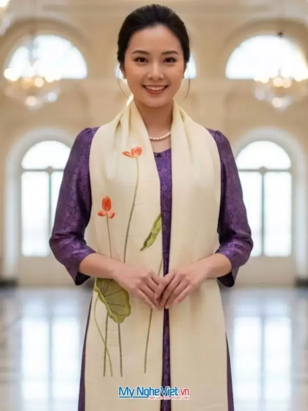 Khăn Lụa Đũi Thêu Tay Hoa Sen Màu Kem 100% Silk Cao Cấp KLNC40200/7