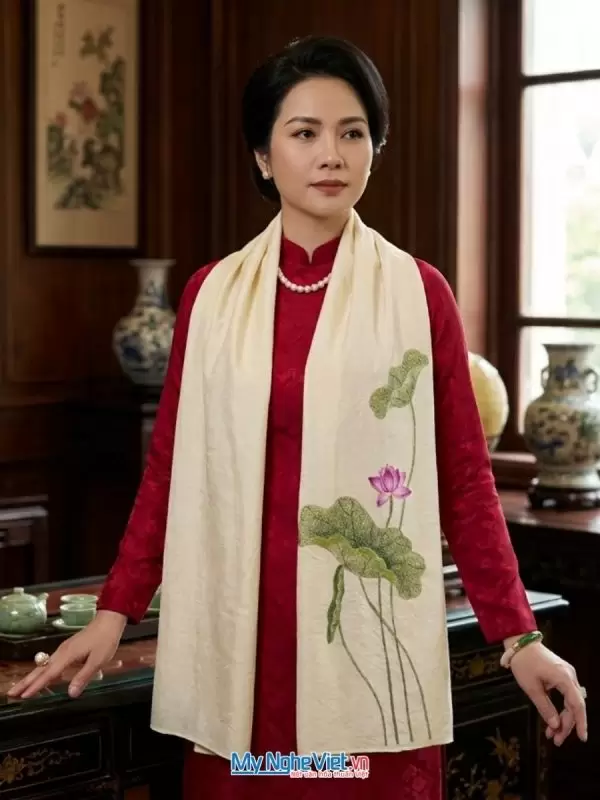 Khăn lụa đũi tơ tằm thêu tay hoa sen cao cấp