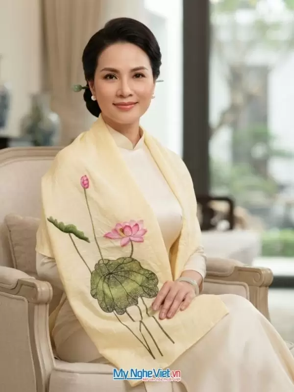 Khăn lụa đũi tơ tằm thêu tay hoa sen cao cấp