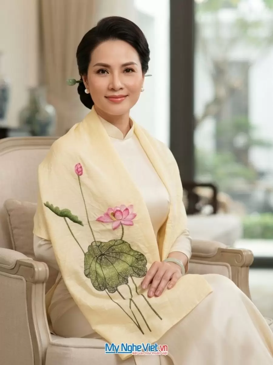 Khăn lụa đũi tơ tằm thêu tay hoa sen cao cấp