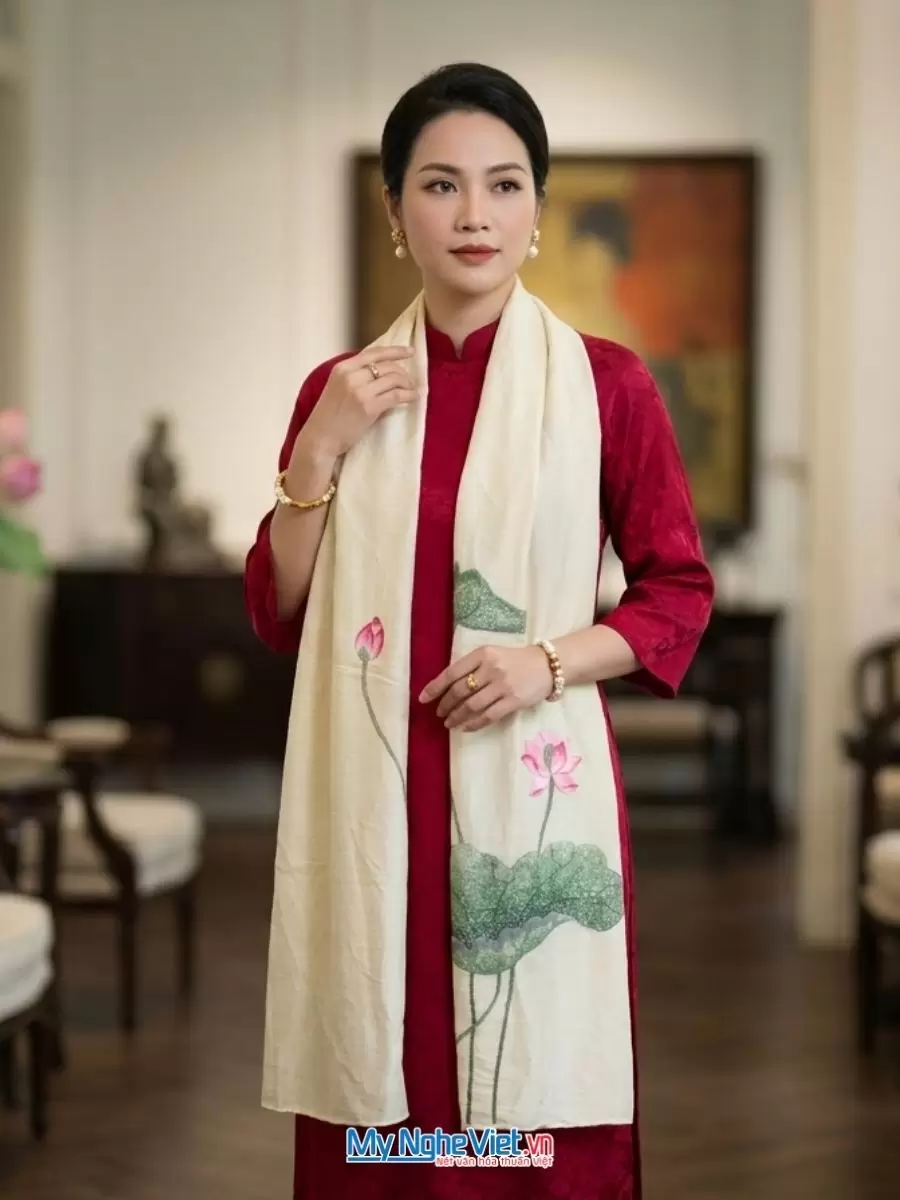 Khăn lụa đũi tơ tằm thêu tay hoa sen cao cấp