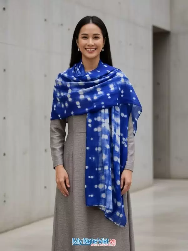 Khăn Lụa Tơ Tằm Loang 100% Silk Màu Xanh Trắng 90x190cm KLTA919