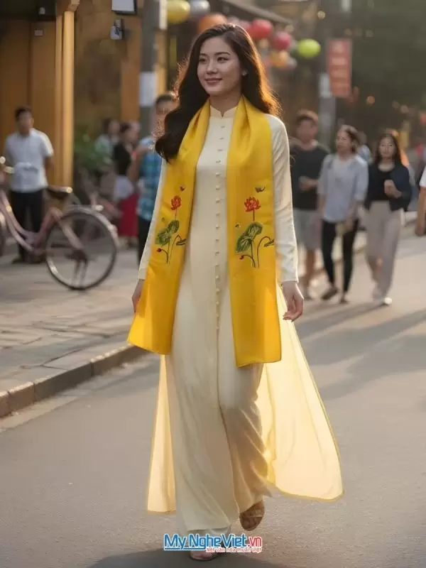 Khăn Lụa Tơ Tằm Trơn Thêu Sen Màu Vàng 45x180cm MNV-LNL45180/4