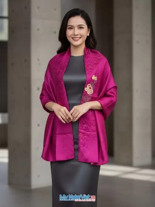 Khăn Lụa Tơ Tằm Thêu Tay Mai Nhí Màu Hồng Sen 45x180cm MNV-LNL45180.2