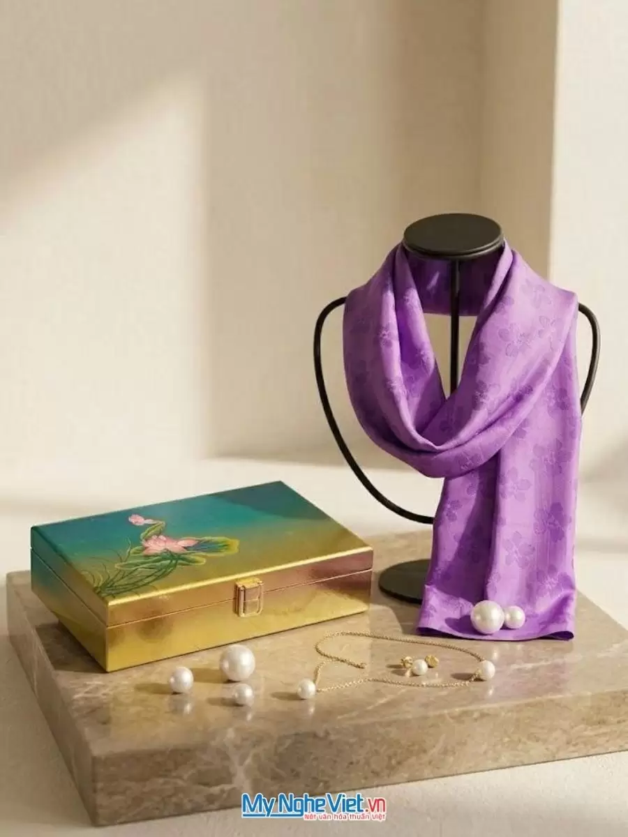 set-qua-tang-khan-lua-hop-trang-suc-son-mai (2) Set quà tặng khăn lụa và hộp trang sức sơn mài. Quà tặng đối tác, khách du lịch